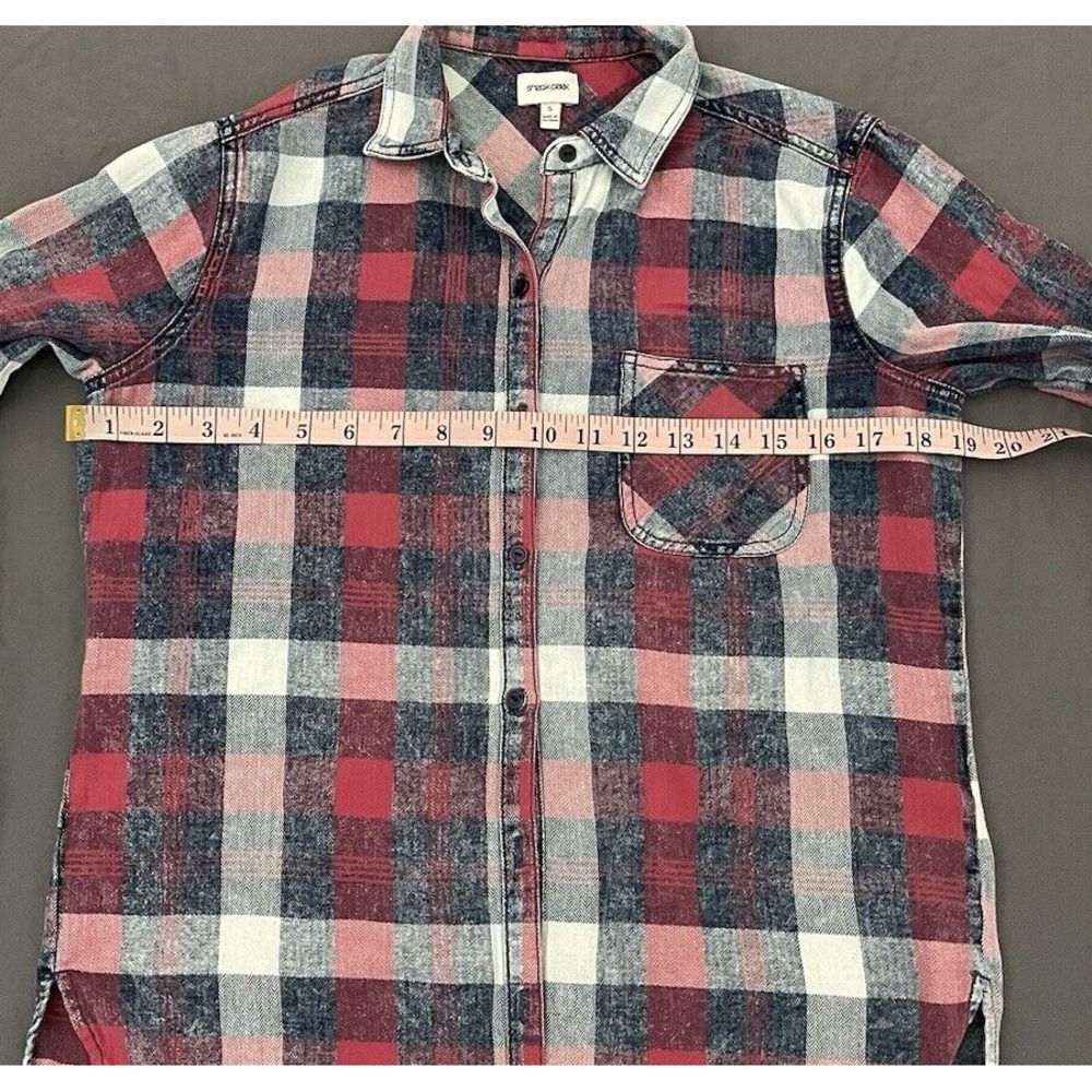 SNEAK PEEK Women Small Red Plaid Long Roll Tab Sleeve Button Down Shirt - Picture 9 of 11